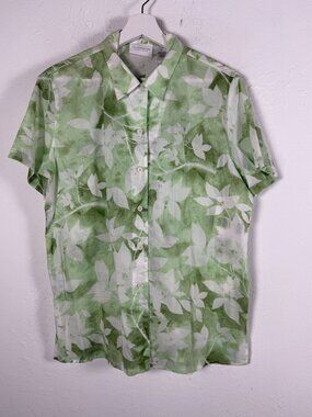 Liz Claiborne Shirt Women Medium Petite Green Botanical Leaf Print Button Up New
